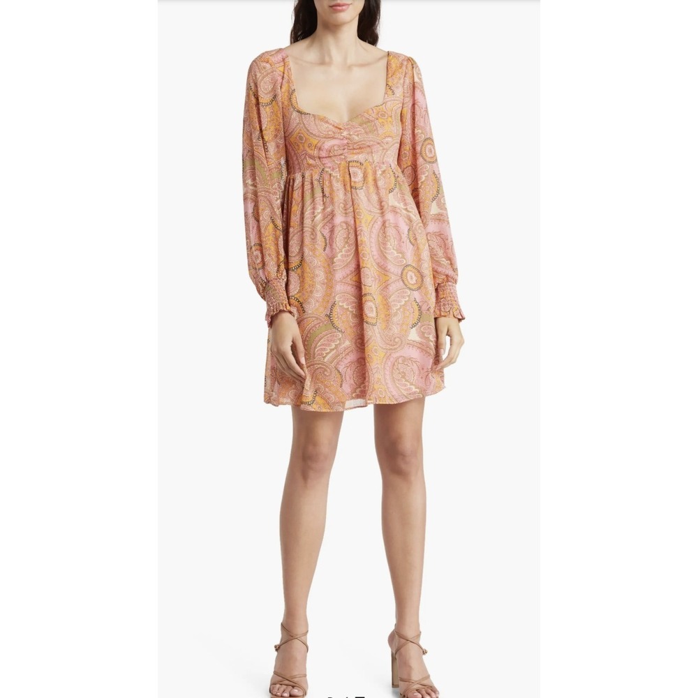BCBGeneration Lurex Chiffon Babydoll Dress Sz 12 Pink Retro Paisley Coquette